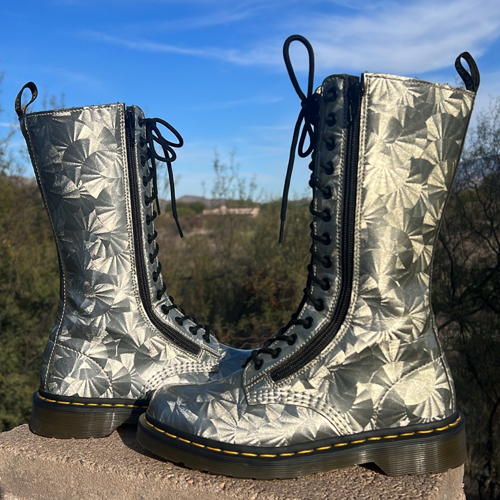 Dr. Martens Holographic Silver Prism Tall 14 Eye Lace Up & Side Zip Boots